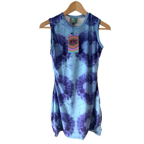 O-MIGHTY Blue Purple Heart Tie-Dye Dress M Y2K Indie Sleeveless Bubble Hem NWT - Picture 1 of 9